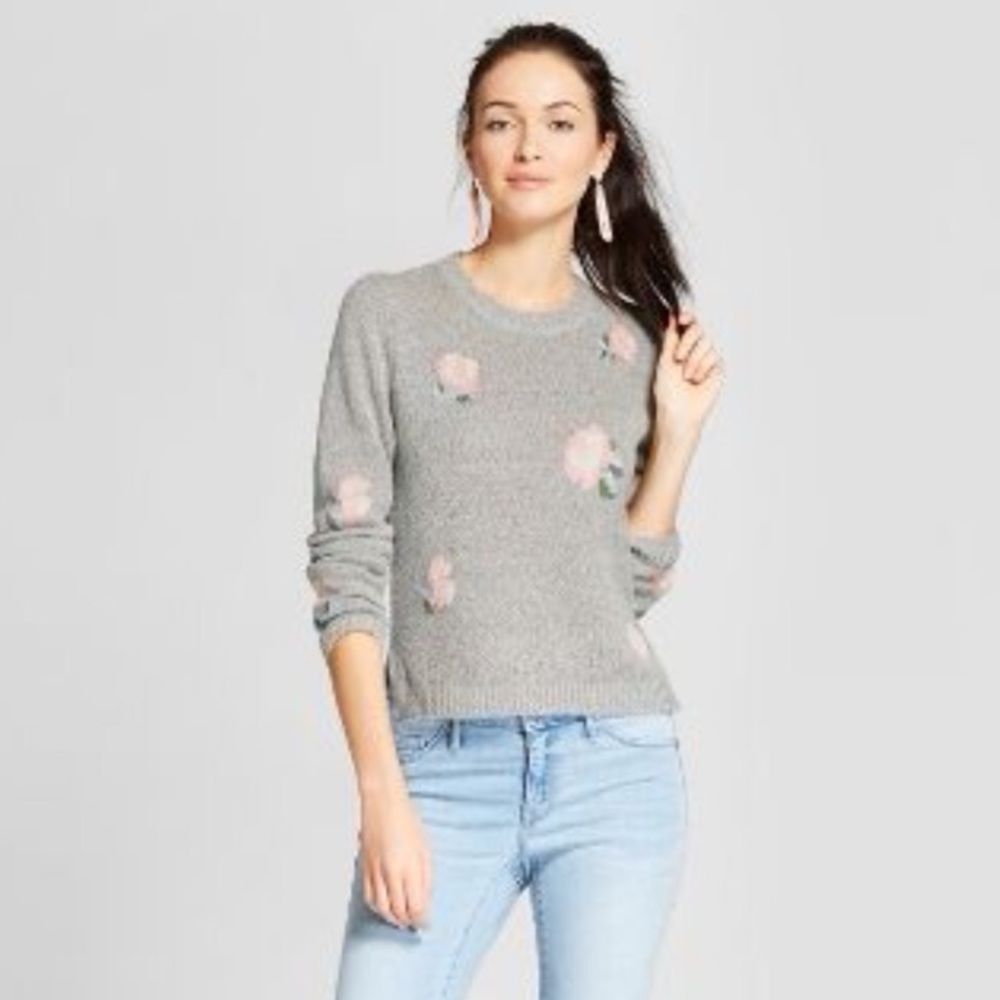 Xhilaration Grey Rose Bud Floral Sweater
